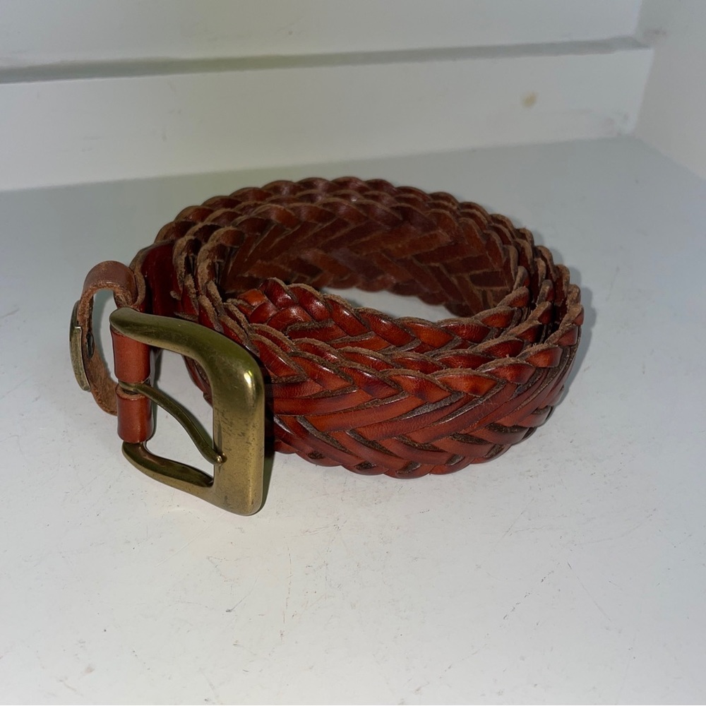 Vintage Genuine Leather Braided Brown Belt Brass Accent Made in Turkey